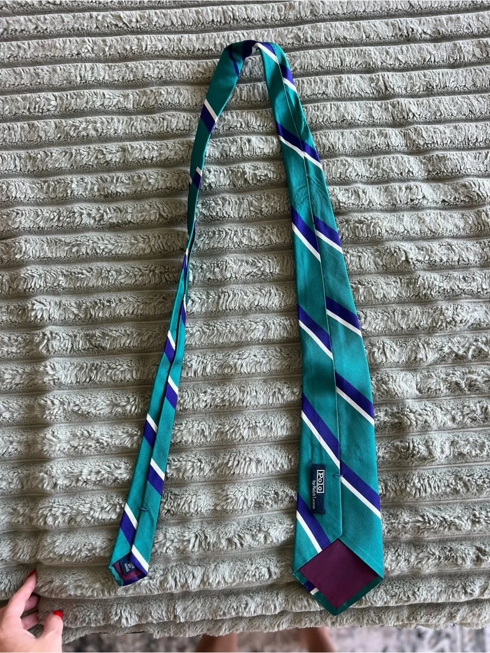 Polo Ralph Lauren Silk Striped Tie Made By Hand, Green, Blue & White Stripes